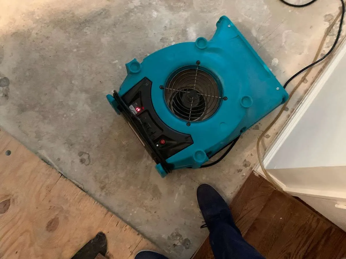 Air mover drying subfloor during Commercial Water Damage Restoration in Meridian